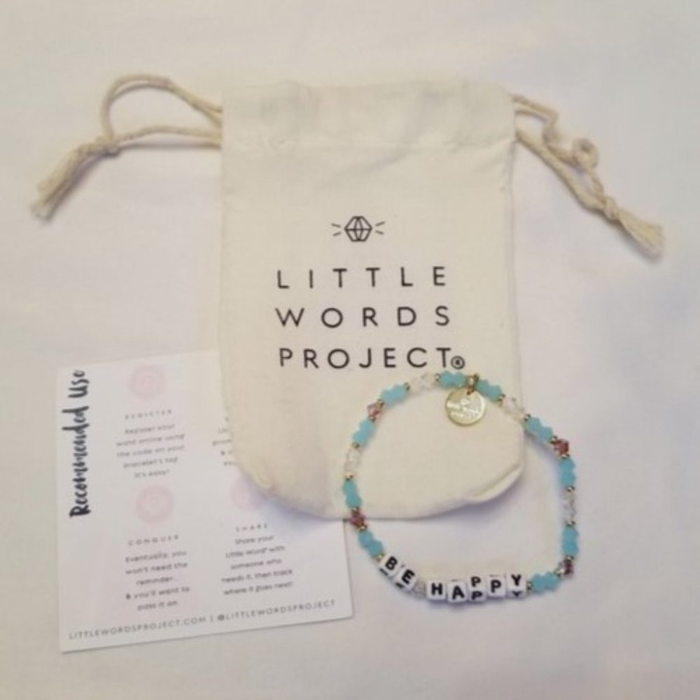 Little Words Project "BE HAPPY" Blue & Clear Crystal Bracelet with Pouch